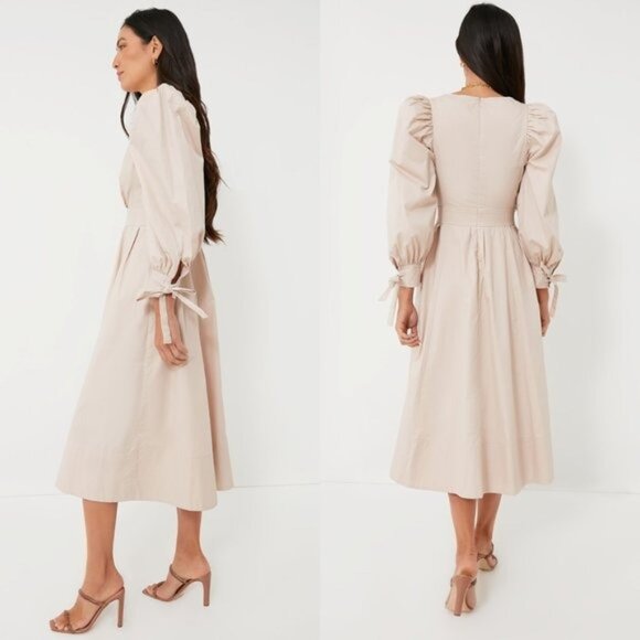 En Saison NEW Stone Beige Long Sleeve Poplin Classy Leighton Midi Dress Size XS - Picture 2 of 8